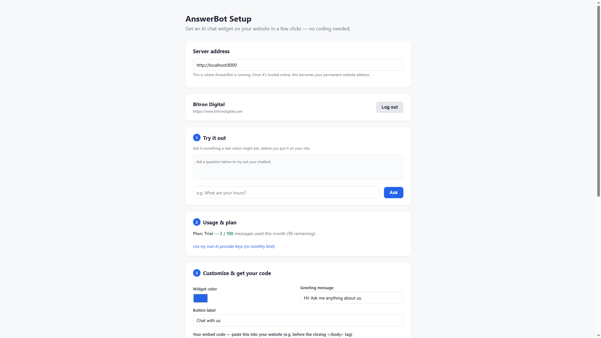 AnswerBot dashboard showing a test conversation